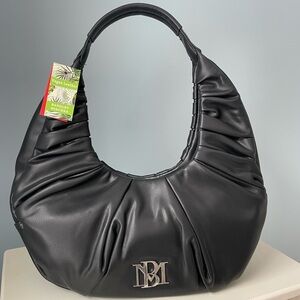 NWT BADGLEY MISCHKA Pleats Shoulder Bag in Black Vegan Leather